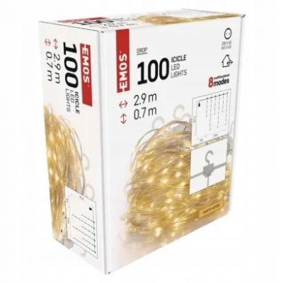 Lampki choinkowe 100LED choinkowe łezki 29 m ciepła biel 8 programów IP44 EMOS (D3CW02)