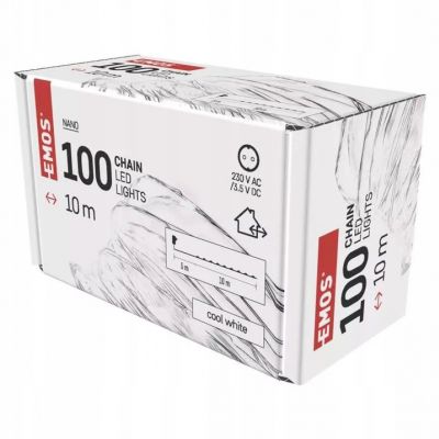 Lampki świąteczne 100LED nano łezki 10m zimna biel srebrny przewód IP44 timer EMOS (D3AC01)