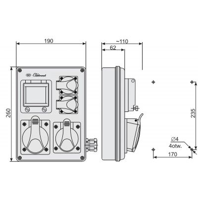 Rozdzielnica budowlana 4 moduły (1x 16A 3P+N+Z 1x 32A 3P+N+Z)/400V 2x 16A 2P+Z 250V IP44 RSK-2 940050 ELEKTROMET (940050)