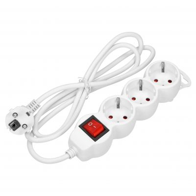 Przedłużacz 3-krotny 2P+Z (Schuko) z wyłącznikiem, 1,5m H05VV-F 3x1,5mm2, Imax=16A, płaska wtyczka, (ES-5(GS)/W/1,5)