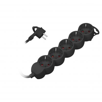 Przedłużacz 5-krotny 2P+Z (Schuko), 3m H05VV-F 3x1,5mm2, Imax=16A, płaska wtyczka, czarny (ES-6(GS)/B/3)