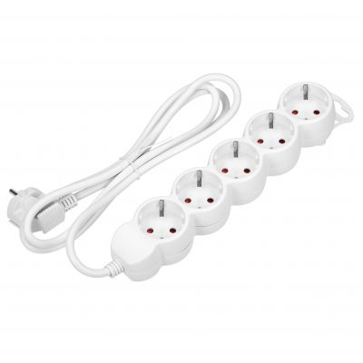 Przedłużacz 5-krotny 2P+Z (Schuko), 5m H05VV-F 3x1,5mm2, Imax=16A, płaska wtyczka, biały (ES-6(GS)/W/5)