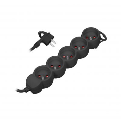 Przedłużacz 5-krotny 2P+Z, 3m H05VV-F 3x1,5mm2, Imax=16A, płaska wtyczka, czarny (ES-6/B/3)