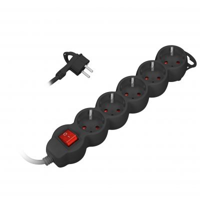 Przedłużacz 5-krotny 2P+Z (Schuko), z wyłącznikiem, 5m H05VV-F 3x1,5mm2, Imax=16A, płaska wtyczka, c (ES-7(GS)/B/5)