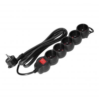 Przedłużacz 5-krotny 2P+Z, z wyłącznikiem, 5m H05VV-F 3x1,5mm2, Imax=16A, płaska wtyczka, czarny (ES-7/B/5)