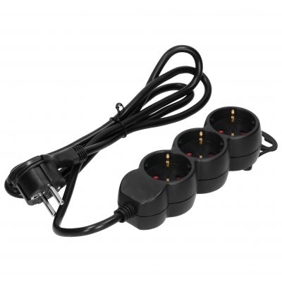 Przedłużacz 3-krotny 2P+Z (Schuko), 1,5m H05VV-F 3x1,5mm2 , Imax=16A, płaska wtyczka, czarny (ES-4(GS)/B/1,5)