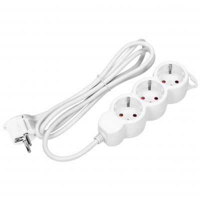 Przedłużacz 3-krotny 2P+Z (Schuko), 3m H05VV-F 3x1,5mm2, Imax=16A, płaska wtyczka, biały (ES-4(GS)/W/3)