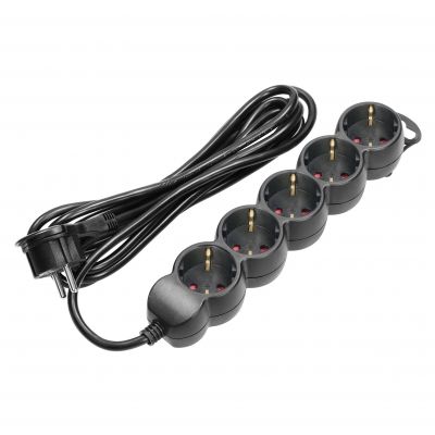 Przedłużacz 5-krotny 2P+Z (Schuko), 3m H05VV-F 3x1,5mm2, Imax=16A, płaska wtyczka, czarny (ES-6(GS)/B/3)