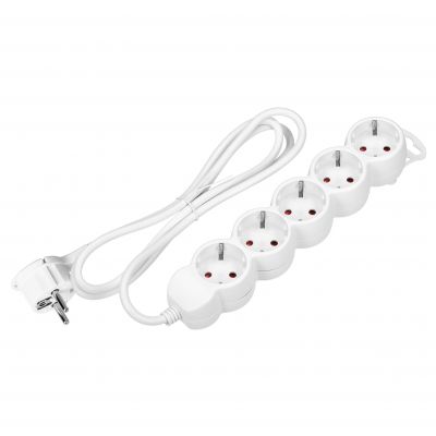 Przedłużacz 5-krotny 2P+Z (Schuko), 5m H05VV-F 3x1,5mm2, Imax=16A, płaska wtyczka, biały (ES-6(GS)/W/5)