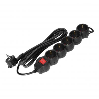 Przedłużacz 5-krotny 2P+Z (Schuko), z wyłącznikiem, 3m H05VV-F 3x1,5mm2, Imax=16A, płaska wtyczka, c (ES-7(GS)/B/3)