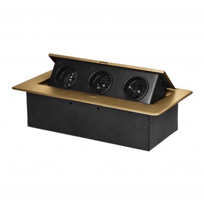 Gniazdo meblowe wpuszczane w blat z płaskim frezowanym rantem, 3x2P+Z, złote (OR-GM-9032/C)