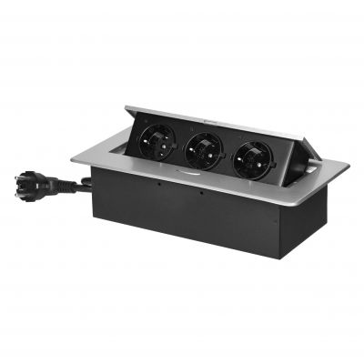 Gniazdo meblowe wpuszczane w blat z płaskim frezowanym rantem i przewodem 1,5m, 3x2P+Z (Schuko), sre (OR-GM-9033(GS)/G)