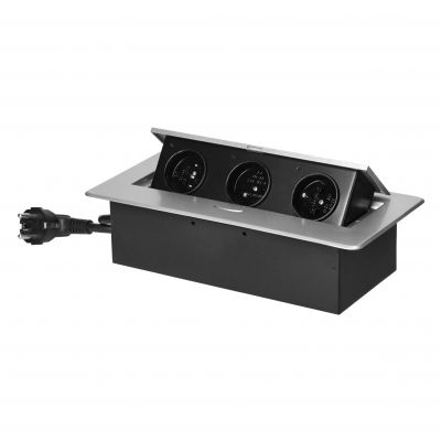 Gniazdo meblowe wpuszczane w blat z płaskim frezowanym rantem i przewodem 1,5m, 3x2P+Z, srebrne (OR-GM-9033/G)