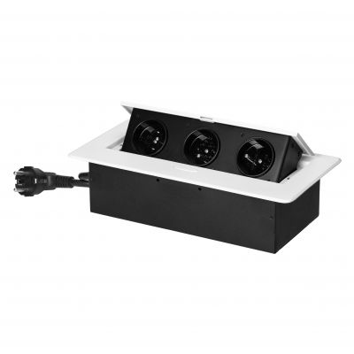 Gniazdo meblowe wpuszczane w blat z płaskim frezowanym rantem i przewodem 1,5m, 3x2P+Z, białe (OR-GM-9033/W)