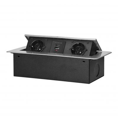 Gniazdo meblowe wpuszczane w blat z płaskim frezowanym rantem i ładowarką USB, 2x2P+Z (Schuko),2x US (OR-GM-9034(GS)/G)