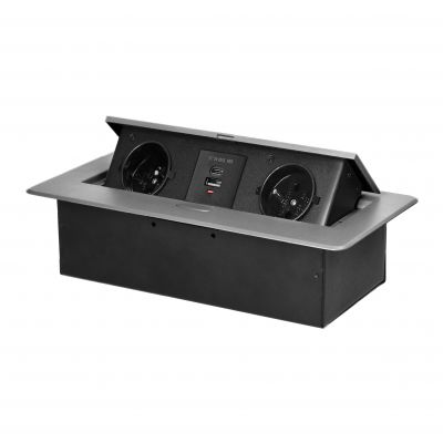 Gniazdo meblowe wpuszczane w blat z płaskim frezowanym rantem i ładowarką USB, 2x2P+Z, 2xUSB (typ A+ (OR-GM-9034/G)
