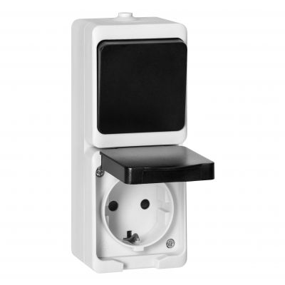 Łącznik jednobiegunowy + Gniazdo 2P+Z Schuko AQUATIC MINI IP54, 10/16A, 230V AC, biało-czarne (OR-OE-7307(GS)/WB)