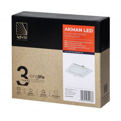 AKMAN LED 12W, oprawa downlight, podtynkowa, kwadratowa, 860lm, 4000K, biała, wbudowany zasilacz LED ORNO (AD-OD-6055WLX4)