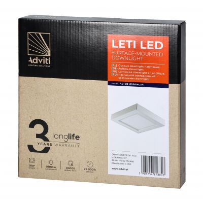 LETI LED 18W, oprawa downlight, natynkowa, kwadratowa, 1300lm, 4000K, biała, wbudowany zasilacz LED ORNO (AD-OD-6062WLX4)