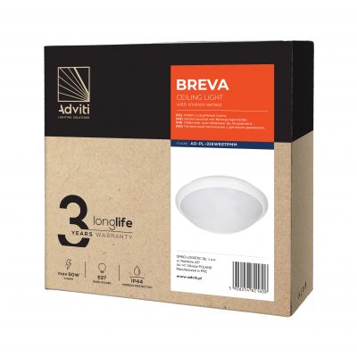 BREVA, plafon oświetleniowy z mikrofalowym czujnikiem ruchu, 60W, E27, IP44, poliwęglan mleczny ORNO (AD-PL-316WE27PMM)