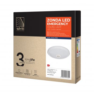 ZONDA LED EMERGENCY 12W/1,2W, plafon z czujnikiem ruchu, 800lm/80lm, IP20, 4000K, poliwęglan mleczny ORNO (AD-PL-391WLPMR4)