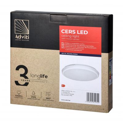 CERS LED 16W, plafon z mikrofalowym czujnikiem ruchu, 1300lm, IP65, 4000K, poliwęglan mleczny, biały ORNO (AD-PL-6113WLPMM4)