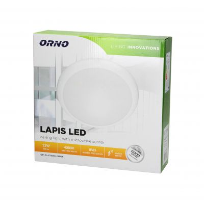 LAPIS LED 12W, plafon oświetleniowy z mikrofalowym czujnikiem ruchu, 800lm, IP65, 4000K, IK10, poliw AD-PL-6118WLPMM4 ORNO (AD-PL-6118WLPMM4)