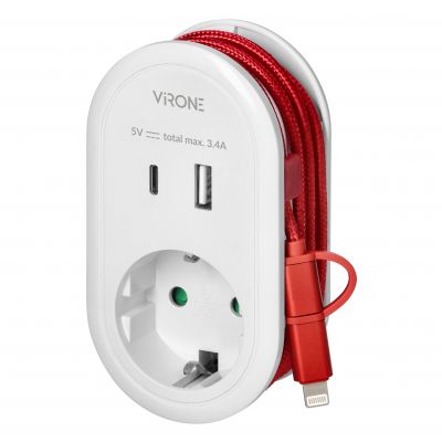 Adapter 1x 2P+Z z ładowarką USB (Typ A+C), 5V DC/ 3,4A, z dodatkowym kablem ładującym (typ C + Light (CS-2(GS))