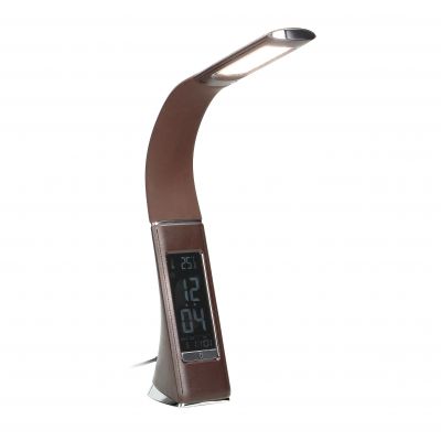 Lampka biurkowa DOLOMIT LED 4000K, 5W DIM z zegarem, imitacja skóry/chrom brązowa ORNO (DL-12/BR)