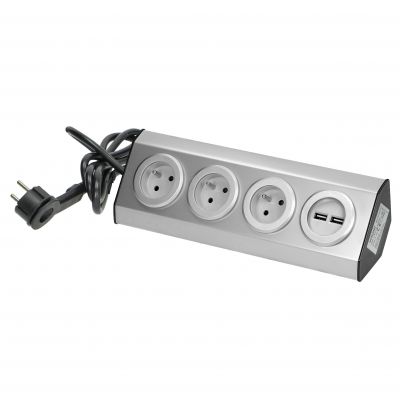 Gniazdo meblowe, kuchenne z ładowarką USB, montowane na rzepy z przewodem 1,5m - 3x2P+Z, 2xUSB, INOX ORNO (FS-4)