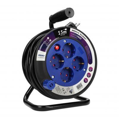 Przedłużacz bębnowy MINI, 4 gniazda 2P+Z (Schuko), metalowy stojak, polwinit H05VV-F 3x1.5mm2 - 15m OR-AE-13171(GS)/15M ORNO (OR-AE-13171(GS)/15M)