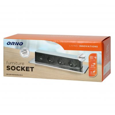 Gniazdo meblowe wysuwane z blatu z płaskim frezowanym rantem, ładowarką USB i przewodem 2m, 3x2P+Z ( ORNO (OR-GM-9014(GS)/B-G)
