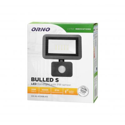 BULLED S 20W naświetlacz LED z PIR, 1600lm, IP44, 4000K, Alu+szkło (OR-NL-6136BLR4)