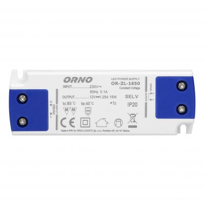 Zasilacz płaski do LED 12VDC 15W, IP20 , wysokość 16,5mm ORNO (OR-ZL-1650)