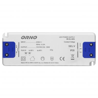 Zasilacz płaski do LED 12VDC 30W, IP20, wysokość 18mm OR-ZL-1651 ORNO (OR-ZL-1651)