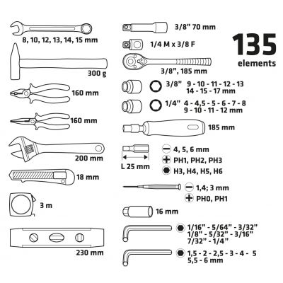 Zestaw narzędzi, 135 szt. 38D215 TOPEX (38D215)