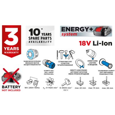 Młotowiertarka akumulatorowa bezszczotkowa Energy+ 18V Li-Ion udar 2,2J bez akumulatora GRAPHITE 58G027 GTX (58G027)