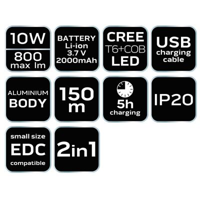Latarka akumulatorowa USB 800lm 2w1 CREE T6 LED 99-033 NEO TOOLS (99-033)