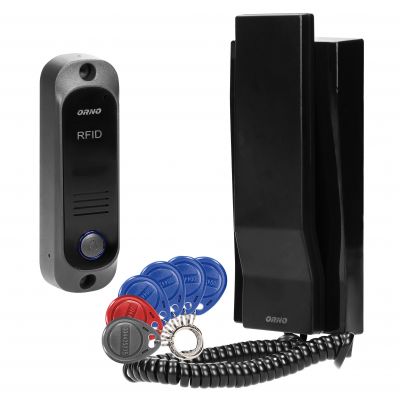 Zestaw domofonowy jednorodzinny z interkomem i czytnikiem breloków zbliżeniowych, czarny AVIOR ORNO (OR-DOM-JA-928/B)