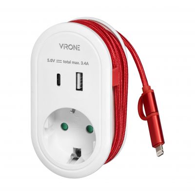 Adapter 1x 2P+Z z ładowarką USB (Typ A+C), 5V DC/ 3,4A, z dodatkowym kablem ładującym (typ C + Light (CS-2(GS))