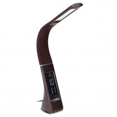 Lampka biurkowa DOLOMIT LED 4000K, 5W DIM z zegarem, imitacja skóry/chrom brązowa ORNO (DL-12/BR)