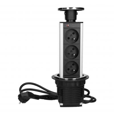 Gniazdo meblowe O8cm wysuwane z blatu z przewodem 1,8m, 3x2P+Z, INOX (FS-16)