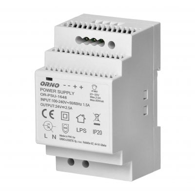 Zasilacz na szynę DIN 24VDC, 2,5A, 60W, szerokość 3 moduły OR-PSU-1648 ORNO (OR-PSU-1648)