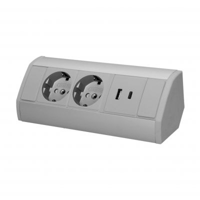 Gniazdo meblowe 2x2P+Z (Schuko), 2xUSB (typ A+C; 2,4A), szaro-srebrne (OR-GM-9039(GS)/G)