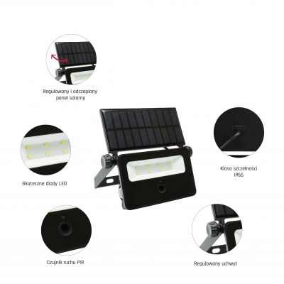 NOCTIS SOLARIS MINI Naświetlacz Solarny LED 2W barwa zimna 110st IP65 175x145x30mm czarna (SLI050001)