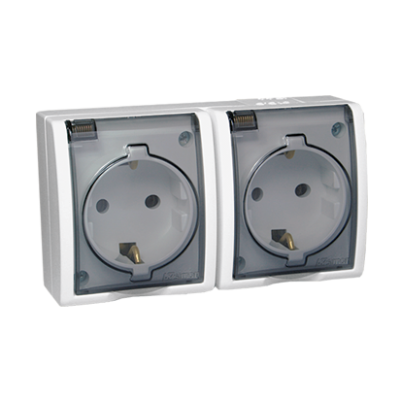 Gniazdo wtyczkowe z uziemieniem Schuko podwójne bryzgoszczelne IP54, klapka transparentna; biały AQGSZ1-2/11A KONTAKT (AQGSZ1-2/11A)