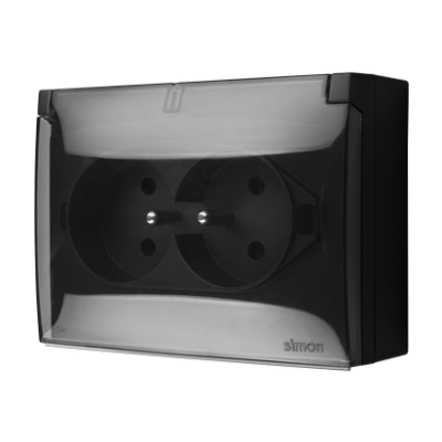 Simon Aquaclick Gniazdo wtyczkowe IP44 podwójne kompaktowe z uziem. klapka transparentna z przesł. torów prąd. 16A 250 V~ zaciski śrubowe, czarny ACGZ2Z/49A KONTAKT (ACGZ2Z/49A)