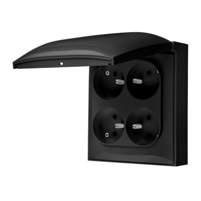 Simon Aquaclick Gniazdo wtyczkowe IP44 poczwórne 4-krotne z uziemieniem klapka w kolorze pokrywy 16A 250 V~ szybkozłącza, czarny ACGZ4C/49 KONTAKT (ACGZ4C/49)