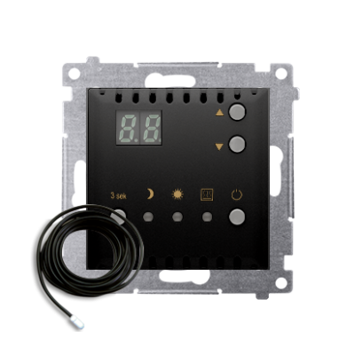 Simon 54 Regulator temperatury z wyświetlaczem z czujnikiem zewnętrznym 16(2) A 230V czarny *W komplecie czujnik zewnętrzny (sonda) DTRNSZ.01/49 KONTAKT (DTRNSZ.01/49)