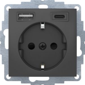 B.x Gniazdo SCHUKO z gn. ładowania USB A+C 2.4/3.0A samozaciski; antracyt mat HAGER (48041606)